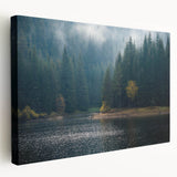 Stretched canvas wall art showcasing a serene foggy landscape with muted colors, perfect for adding a tranquil touch to modern home decor.