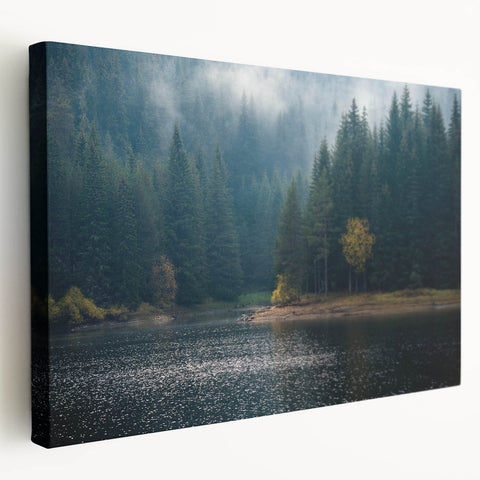 Stretched canvas wall art showcasing a serene foggy landscape with muted colors, perfect for adding a tranquil touch to modern home decor.