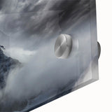 Close-up of a stunning acrylic glass wall art piece showcasing a serene landscape design with mist and fog, ideal for enhancing interior decor. The artwork features soft color gradients and intricate details that evoke a calm, tranquil atmosphere, perfect for modern living spaces or offices.