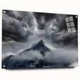 Acrylic wall art collection showcasing a serene landscape design with mist and fog, featuring a side view with pins for easy hanging and display.
