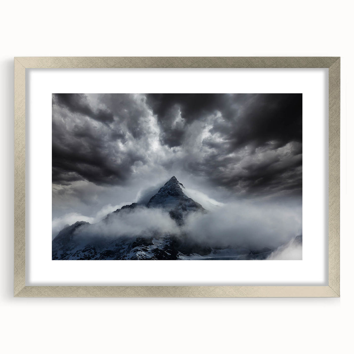Framed wall art collection featuring a serene misty landscape design in soft gray and silver tones, elegantly matted and ready for display, enhancing any decor.