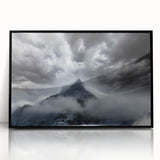 Framed acrylic wall art featuring a serene landscape with mist and fog, showcasing subtle hues of gray and blue, perfect for modern home decor.