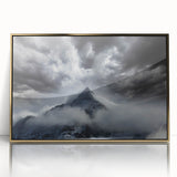 Framed wall art featuring a misty landscape design with fog, elegantly presented in a gold-accented frame, ideal for modern home decor.