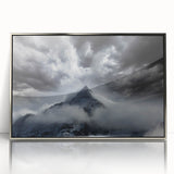 Framed acrylic wall art showcasing a serene landscape design with mist and fog, elegantly presented in a sleek silver frame, perfect for modern decor.
