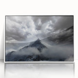 Framed acrylic wall art showcasing a serene landscape design with mist and fog, featuring a white frame and elegant aesthetics perfect for home decor.