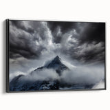 Framed canvas wall art showcasing a misty landscape design with soft fog tones, elegantly displayed in a sleek black frame, perfect for modern decor.