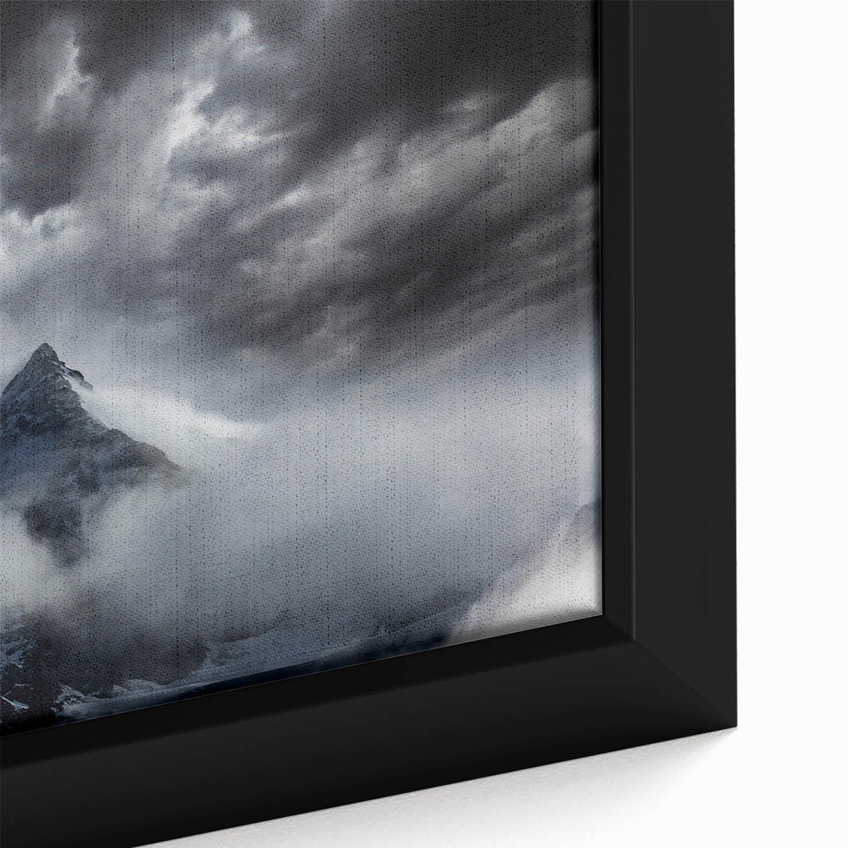 Close-up of a framed canvas wall art piece depicting a serene landscape enveloped in mist and fog, showcasing soft pastel colors and intricate details, perfect for home decor.