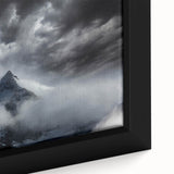 Close-up of a framed canvas wall art piece depicting a serene landscape enveloped in mist and fog, showcasing soft pastel colors and intricate details, perfect for home decor.