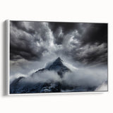 Framed canvas wall art collection showcasing a misty landscape design, featuring soft gray and white tones with a sleek white frame, perfect for modern decor.