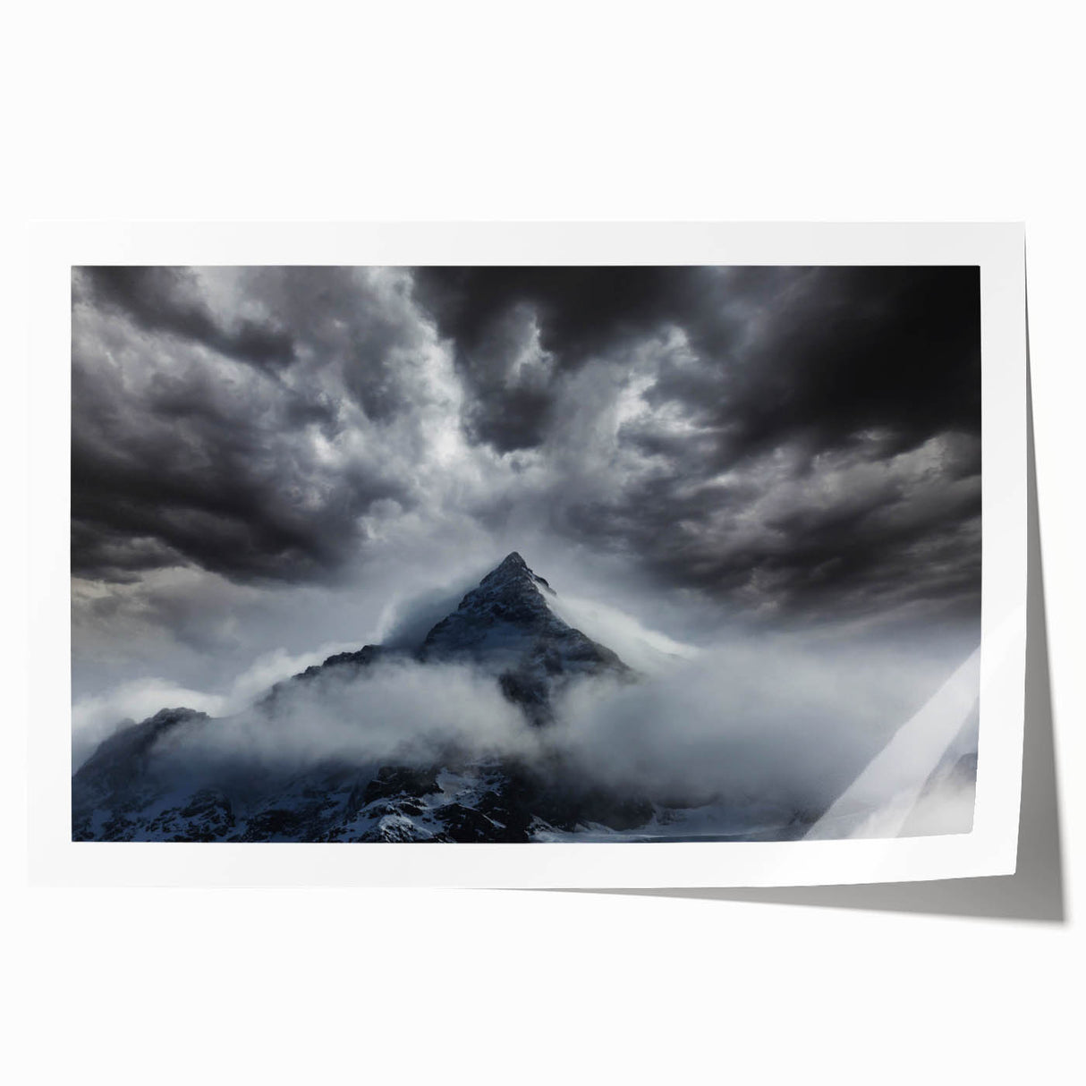 Mist-covered landscape wall art print showcasing serene, muted colors of soft greens and grays, perfect for enhancing tranquil home decor.