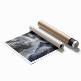 Rolled print showcasing a serene landscape design with mist and fog, ideal for home decor. The artwork features soft hues of blue and gray, enhancing tranquility.