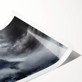 Serene landscape wall art print showcasing misty mountains and fog, emphasizing calming shades of blue and gray, perfect for home decor or relaxation spaces.