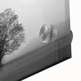 Close-up of a sleek acrylic glass wall art piece showcasing a misty landscape design with soft fog hues, ideal for modern home decor. Perfect for enhancing ambiance.