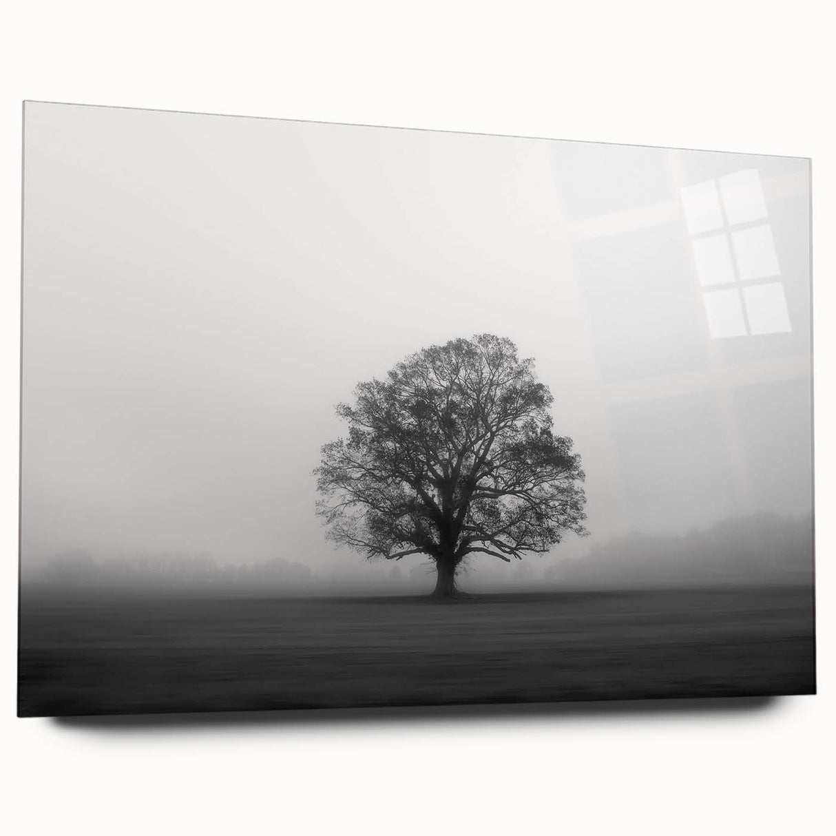 Acrylic glass wall art showcasing a serene misty landscape design, featuring soft hues of blue and gray, elegantly displayed in a side view without pins. Perfect for enhancing modern decor.