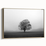 Framed canvas wall art showcasing a serene landscape design enveloped in mist and fog, featuring golden accents on the frame, ideal for modern home decor.