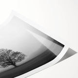 Mist-covered landscape wall art showcasing serene foggy hills and trees in muted colors, ideal for home decor. Rolled print ready for framing or display.