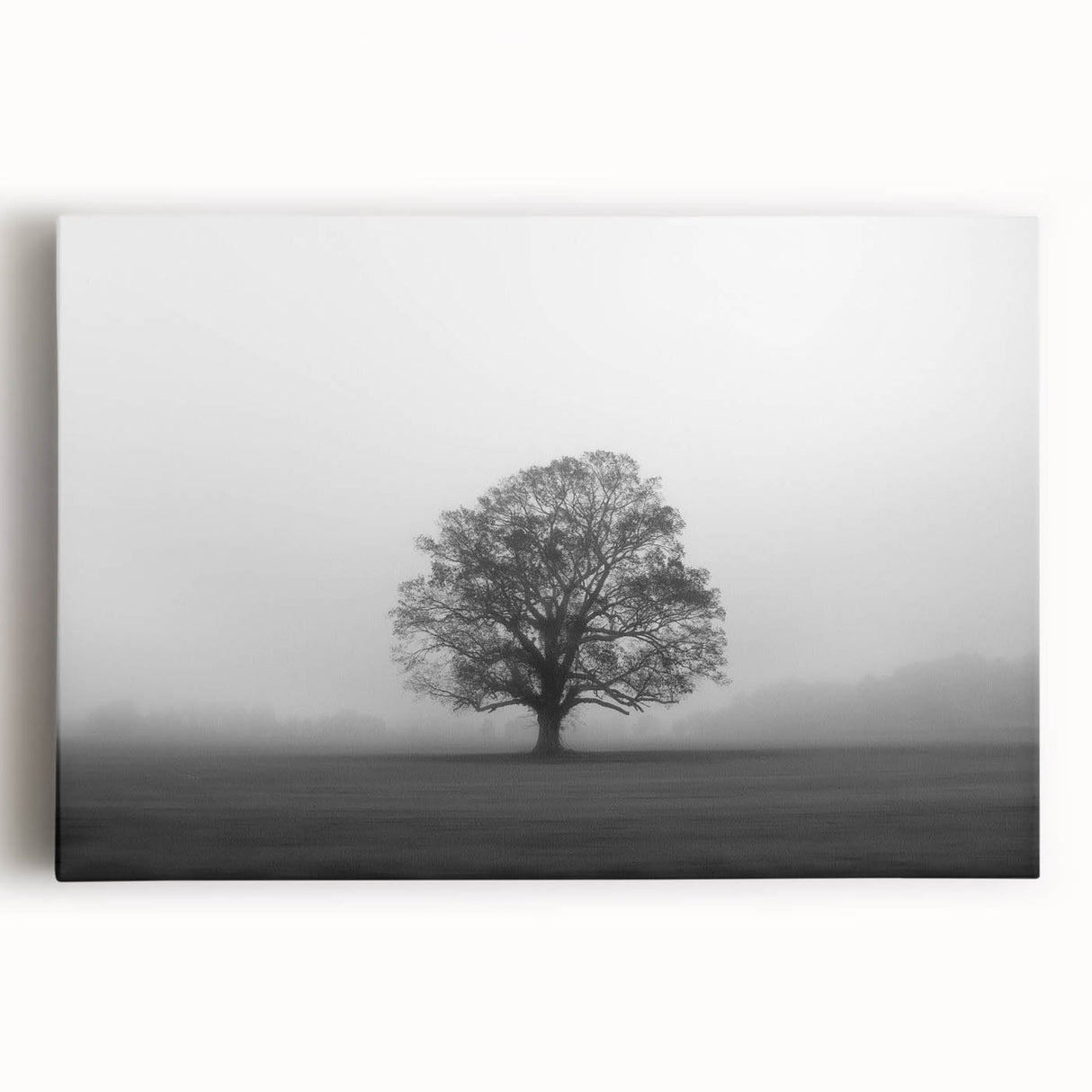 Stretched canvas artwork showcasing a serene landscape design with mist and fog, perfect for enhancing home decor. The soft color palette evokes tranquility and depth.