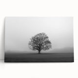 Stretched canvas wall art featuring a serene misty landscape, showcasing soft fog enveloping trees and hills, perfect for enhancing home decor with a calming vibe.
