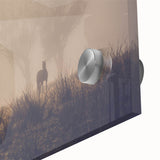 Close-up of a stunning landscape wall art piece showcasing misty fog enveloping a serene forest, featuring vibrant greens and ethereal blues, perfect for home decor.