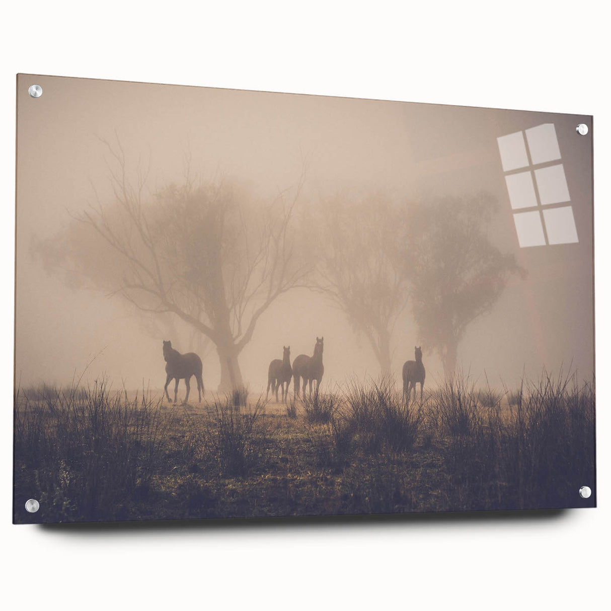 Acrylic and glass wall art collection showcasing a misty landscape design, displayed from the side with sleek pins, perfect for modern home decor. Ideal for enhancing interiors with tranquil nature scenes.