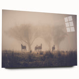 Acrylic glass wall art featuring a serene misty landscape design, showcasing soft hues of blue and gray, ideal for modern home decor or office aesthetics.