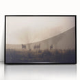 Framed acrylic wall art featuring a misty landscape design with soft gray and blue hues, set in a sleek black frame, perfect for modern home decor.