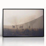 Framed acrylic wall art featuring a misty landscape design with soft gray and blue hues, set in a sleek black frame, perfect for modern home decor.