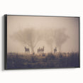 Framed canvas wall art collection showcasing a misty landscape design, featuring soft gray and black tones, with a sleek black frame highlighting its depth. Ideal for modern home decor.