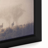 Close-up of a framed canvas wall art featuring a serene landscape design with mist and fog, ideal for enhancing home decor with a tranquil ambiance.