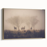 Framed canvas wall art showcasing a misty landscape design with subtle fog, featuring gold accents and a sleek side view, perfect for modern home decor.