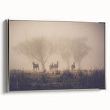 Framed canvas wall art featuring a misty landscape design with soft gray and silver tones, showcasing a serene atmosphere ideal for modern decor.