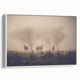 Framed canvas wall art showcasing a serene landscape design with mist and fog, featuring a white frame, ideal for enhancing contemporary home decor.