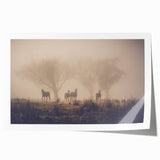 Serene landscape wall art print featuring misty mountains and soft fog, designed for elegant home decor, rolled for easy display and shipping.