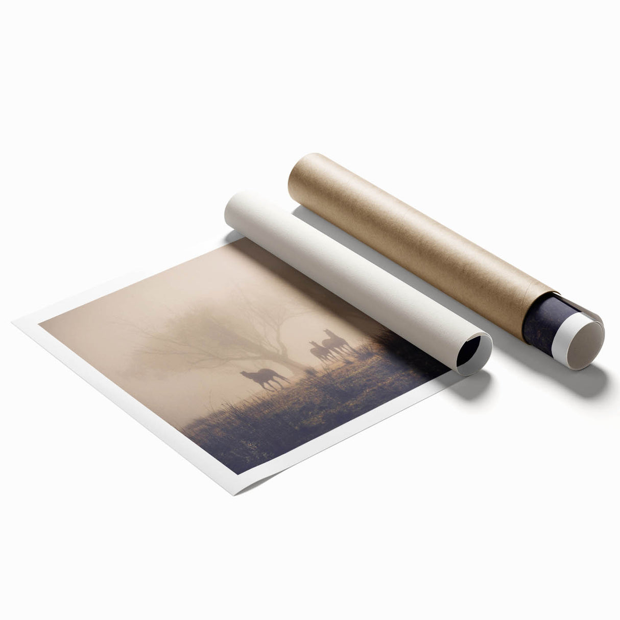 Mist-covered landscape wall art print showcasing serene foggy hills in soft blues and greens, ideal for home decor, rolled and ready for framing.