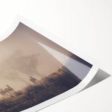 Rolled print showcasing a serene landscape design with misty fog, perfect for home decor. The artwork displays soft hues and intricate details, creating a calming atmosphere.