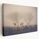 Stretched canvas wall art showcasing a serene landscape design with mist and fog, featuring soft hues of blue and gray, perfect for enhancing interior decor.