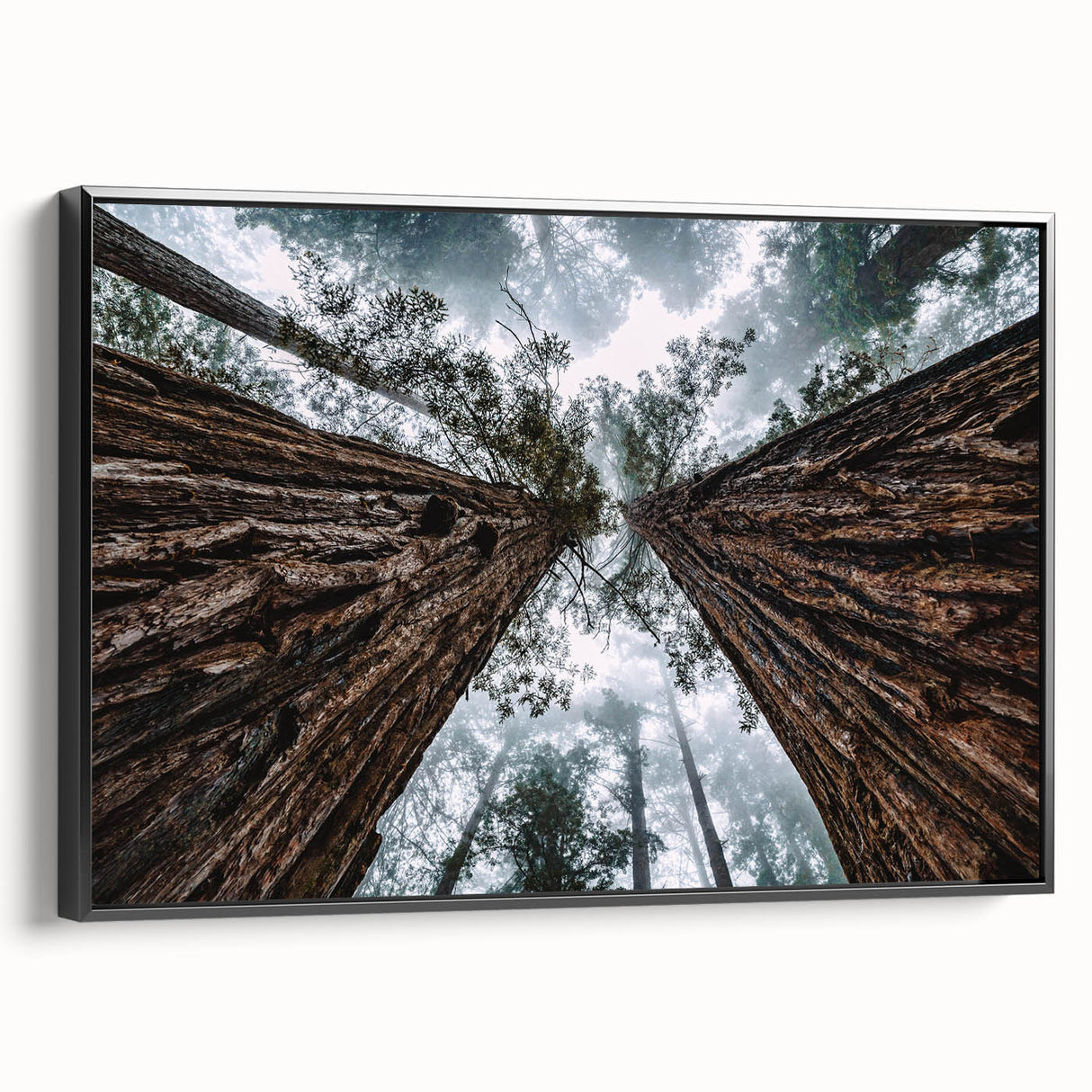 Framed canvas wall art showcasing a misty landscape design in soft gray and white tones, featuring a sleek black frame, ideal for modern decor.