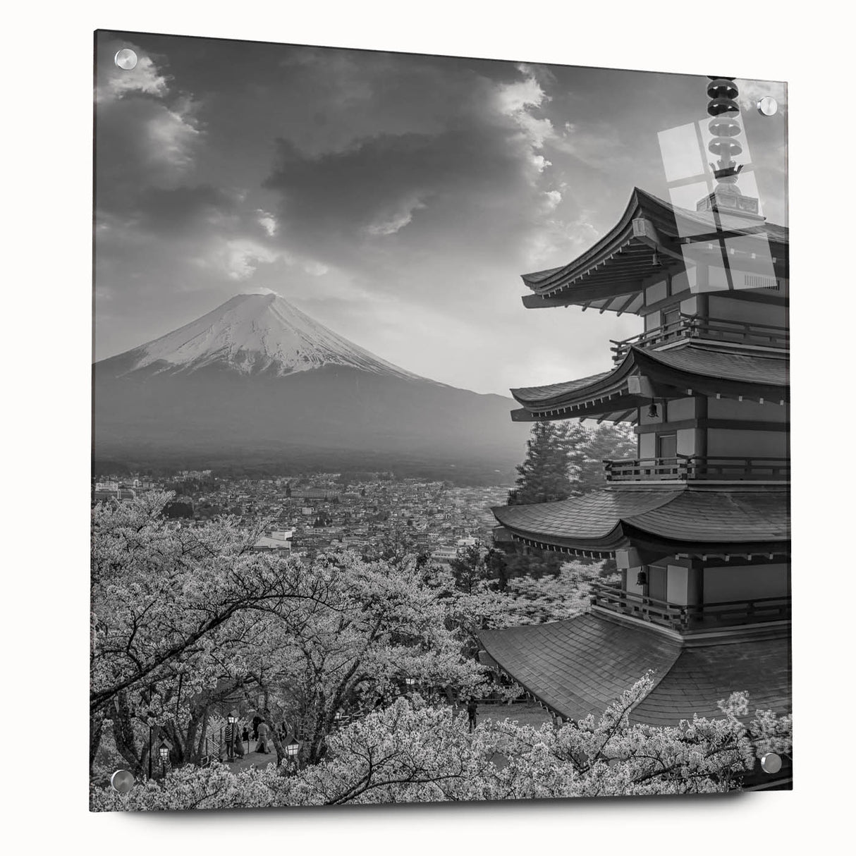 Acrylic glass wall art design showcasing a stunning mountain landscape, featuring vibrant colors and intricate details, presented in a side view with pins for easy display. Ideal for nature lovers and home decor enthusiasts looking to enhance their living space.