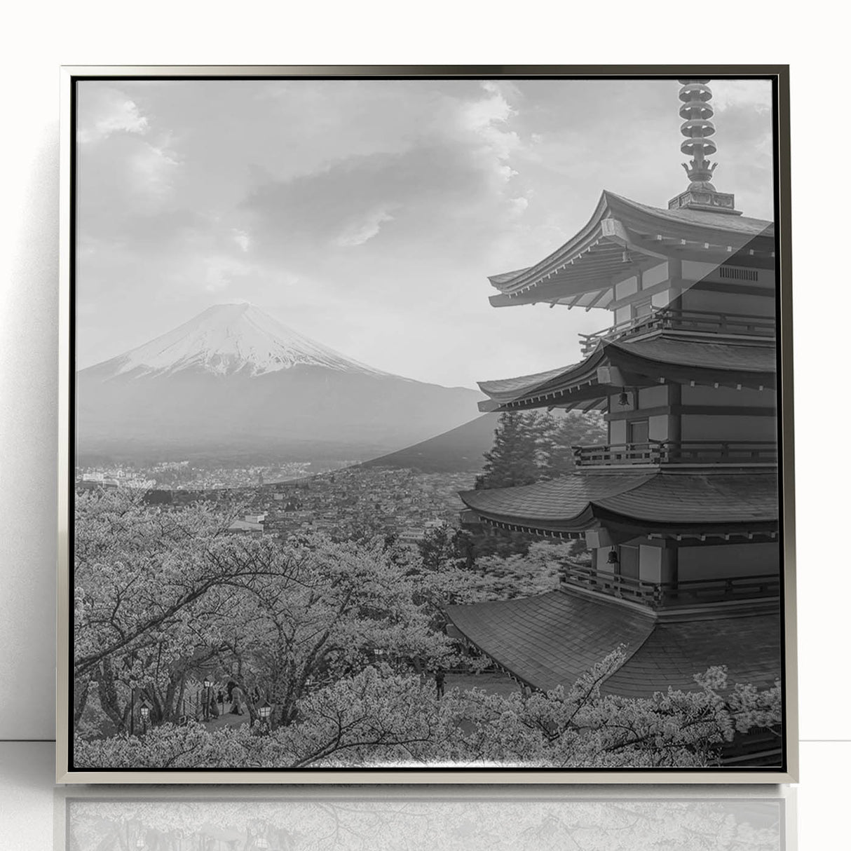 Framed wall art featuring a breathtaking mountain landscape design with silver accents, showcasing vibrant colors and intricate details in a modern aesthetic.