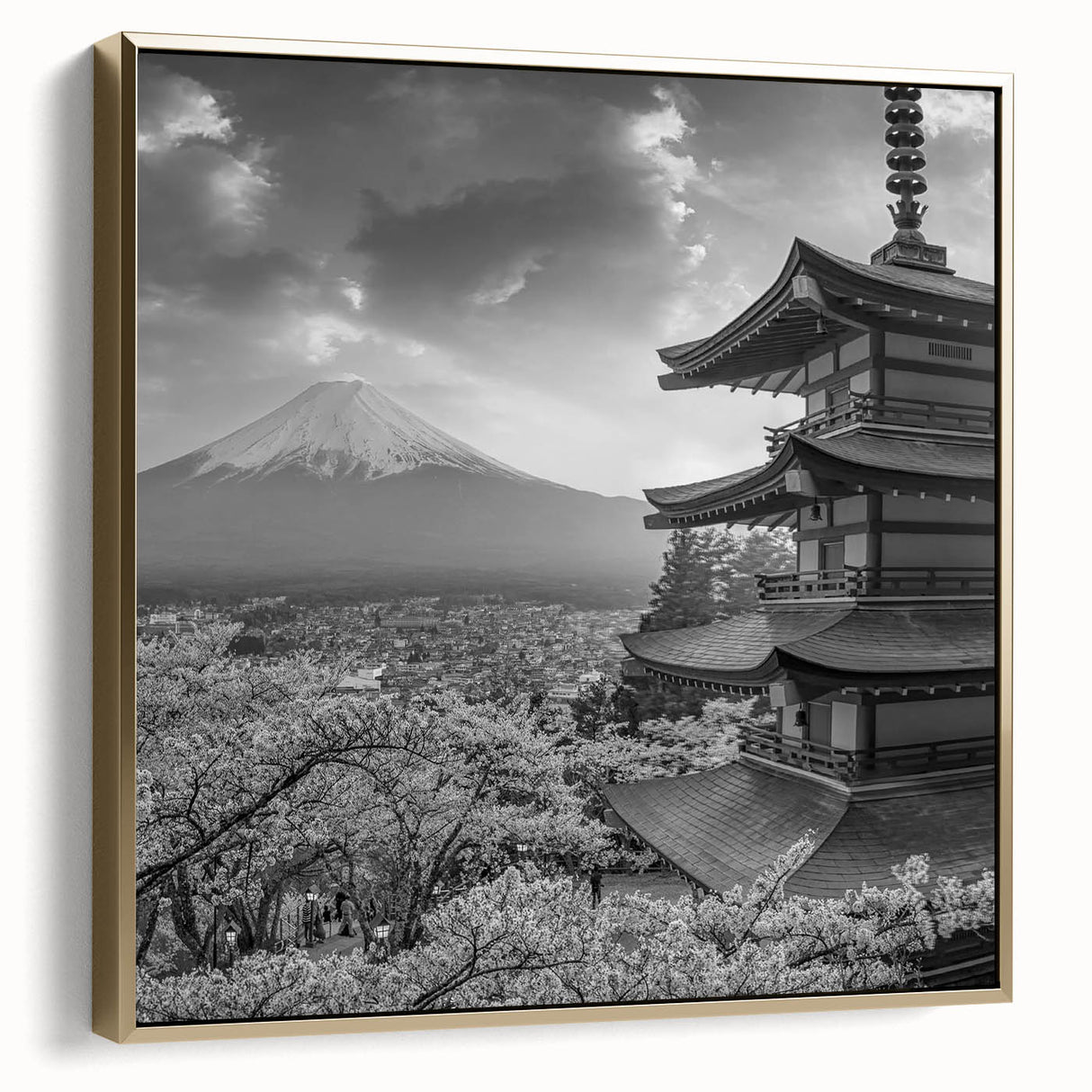Framed canvas artwork showcasing a stunning mountain landscape with silver and gold accents, ideal for home decor, creating a serene and elegant atmosphere.