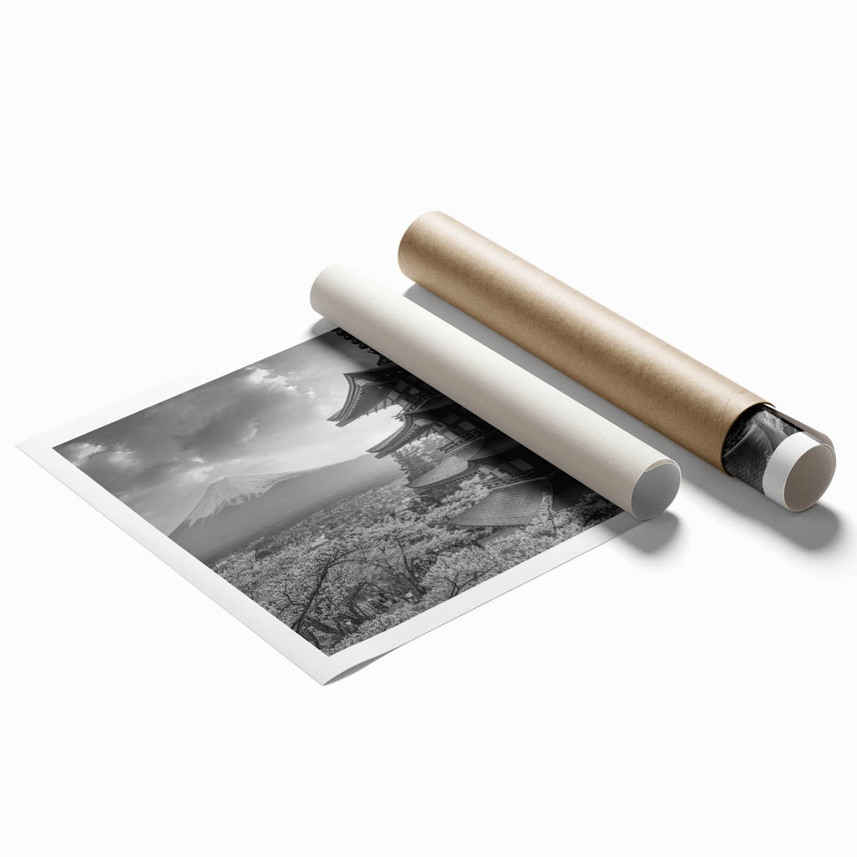 Stunning wall art print of serene mountain landscapes, showcasing vibrant colors and intricate details, rolled and ready for display in a protective cardboard tube.