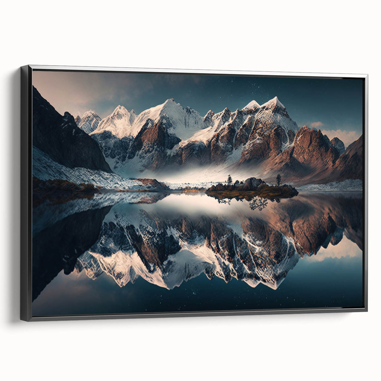 Framed canvas wall art showcasing a stunning mountain landscape design, featuring rich colors and intricate details, perfect for enhancing home decor and creating a serene atmosphere.