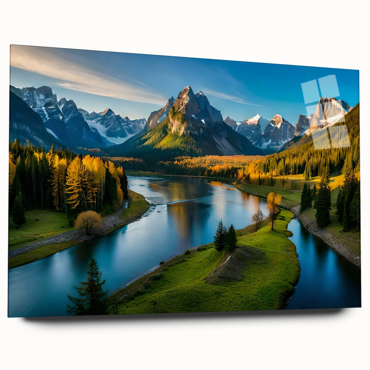 Acrylic glass wall art collection showcasing a vibrant mountain landscape design, featuring rich colors and a side view without pins, ideal for home decor.