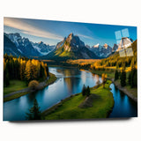 Acrylic glass wall art collection showcasing a vibrant mountain landscape design, featuring rich colors and a side view without pins, ideal for home decor.