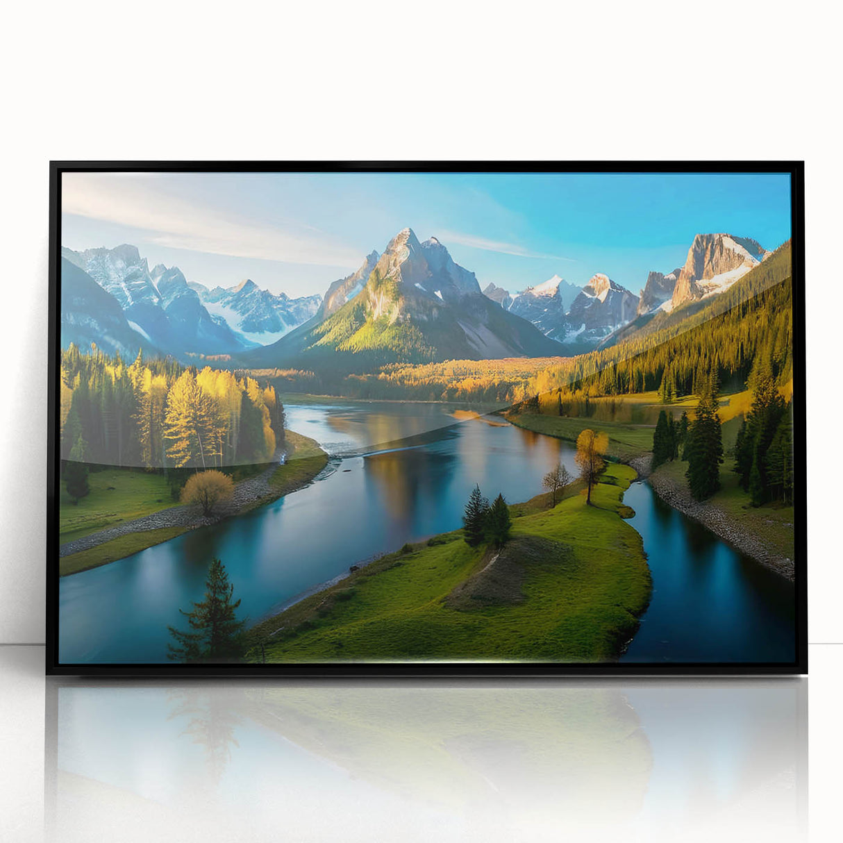 Framed wall art showcasing a stunning mountain landscape design with vibrant colors, set in a black acrylic frame, perfect for enhancing any modern home décor.