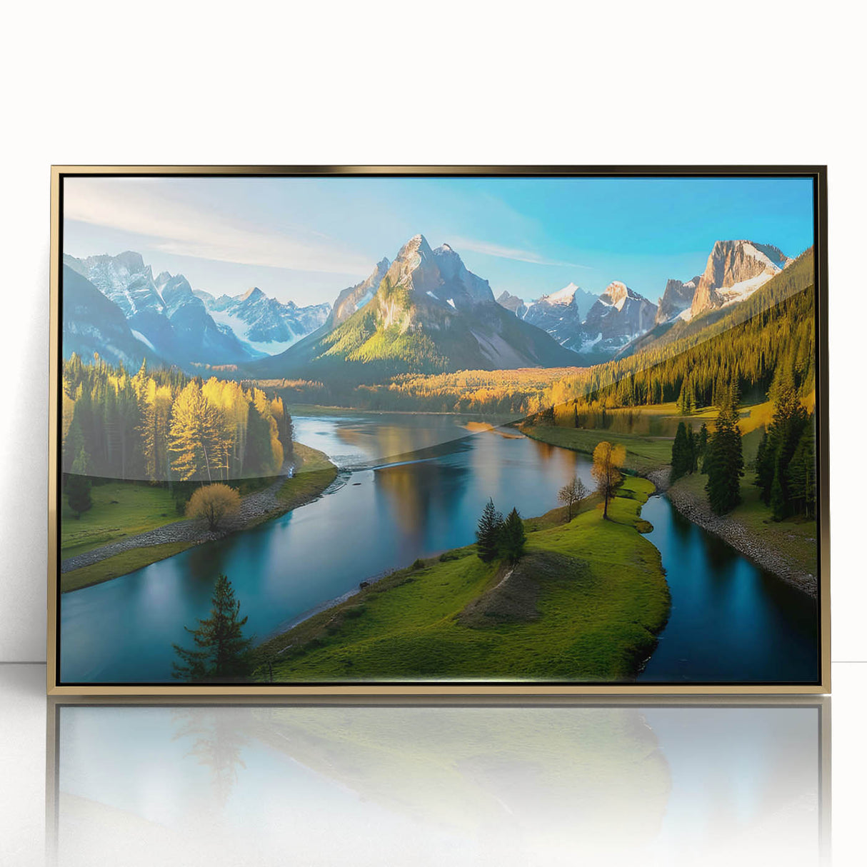 Framed wall art featuring a stunning mountain landscape design with acrylic glass front, set in a sleek gold frame, ideal for modern home decor.