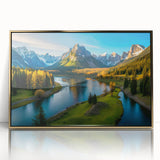 Framed wall art featuring a stunning mountain landscape design with acrylic glass front, set in a sleek gold frame, ideal for modern home decor.