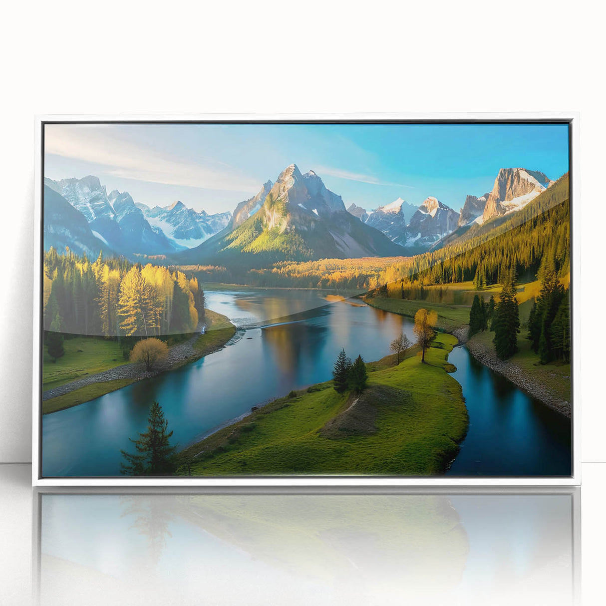 Framed acrylic wall art featuring a scenic mountain landscape design, showcasing vibrant colors and details, perfect for home decor or office spaces.