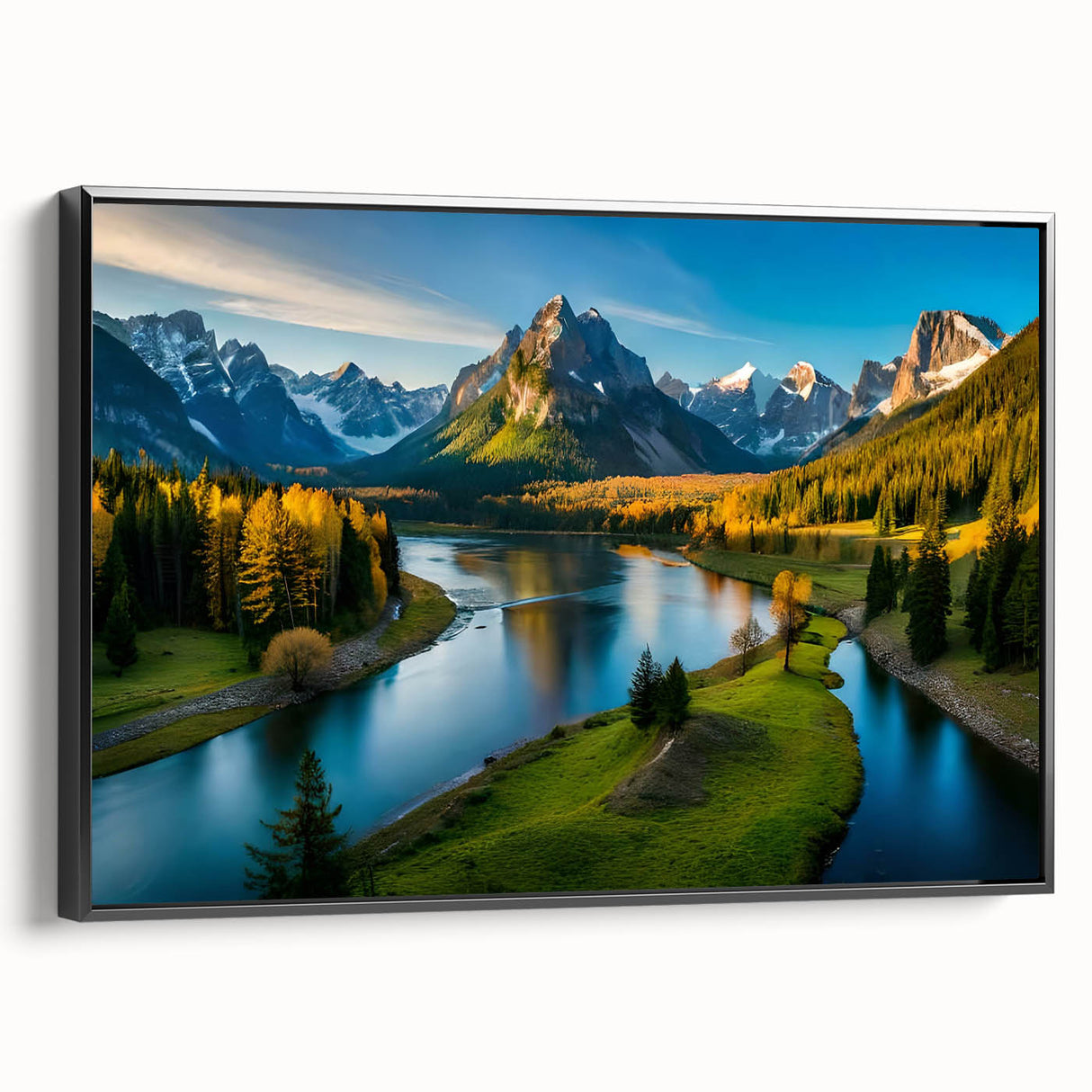 Framed canvas wall art showcasing a stunning mountain landscape design in a modern black frame, ideal for home decor and nature enthusiasts. The artwork captures vibrant colors and intricate details, making it a perfect focal point for any room.