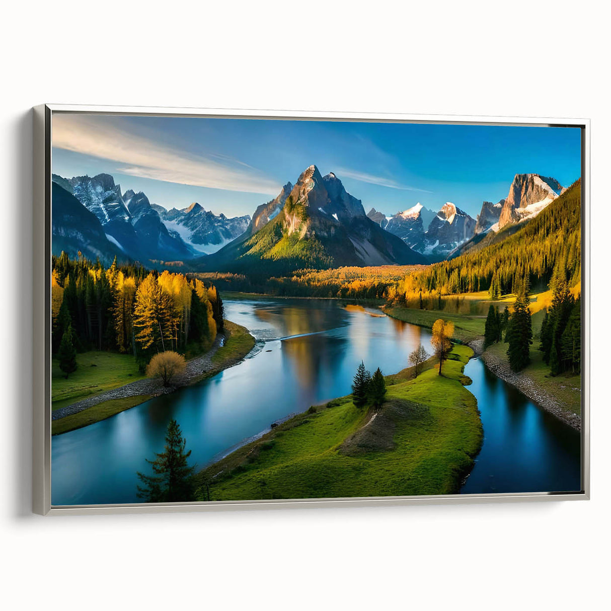Framed canvas wall art depicting a serene mountain landscape design with a silver frame, ideal for enhancing modern home decor. The tranquil scene features soft blue and green hues, creating a calming ambiance in any room. Perfect for nature lovers and art enthusiasts.